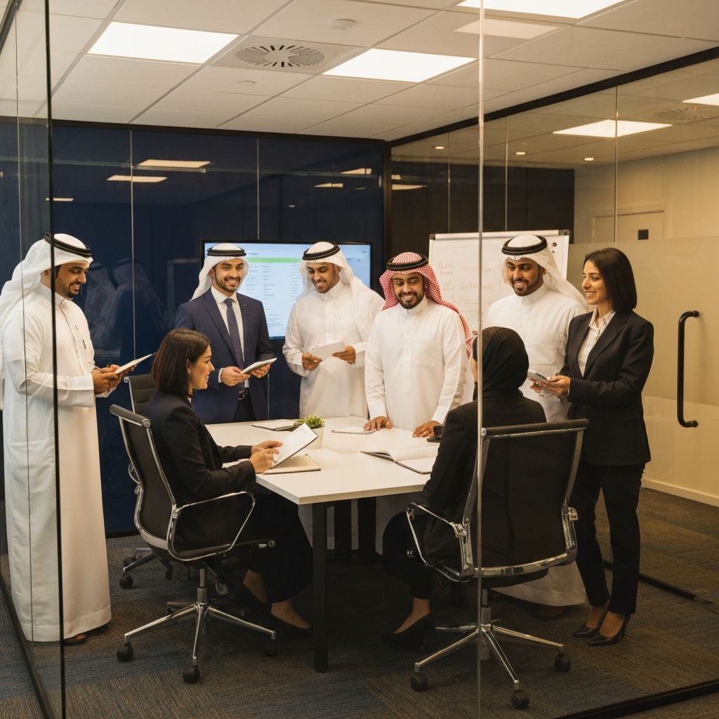 Saudi and international professionals in a collaborative team meeting in a modern Riyadh office