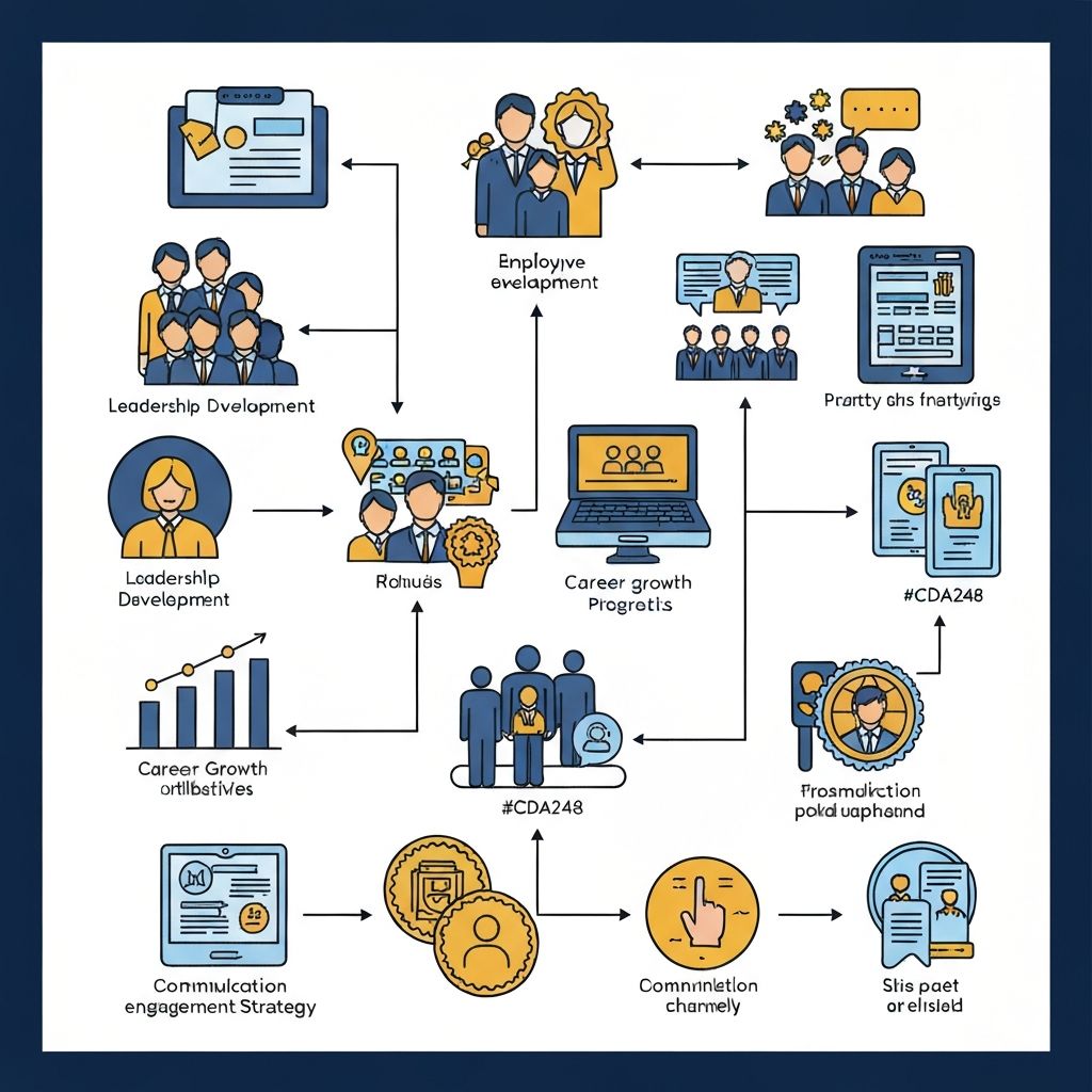 Employee engagement strategy framework showing leadership development, recognition, career growth, wellbeing, and communication