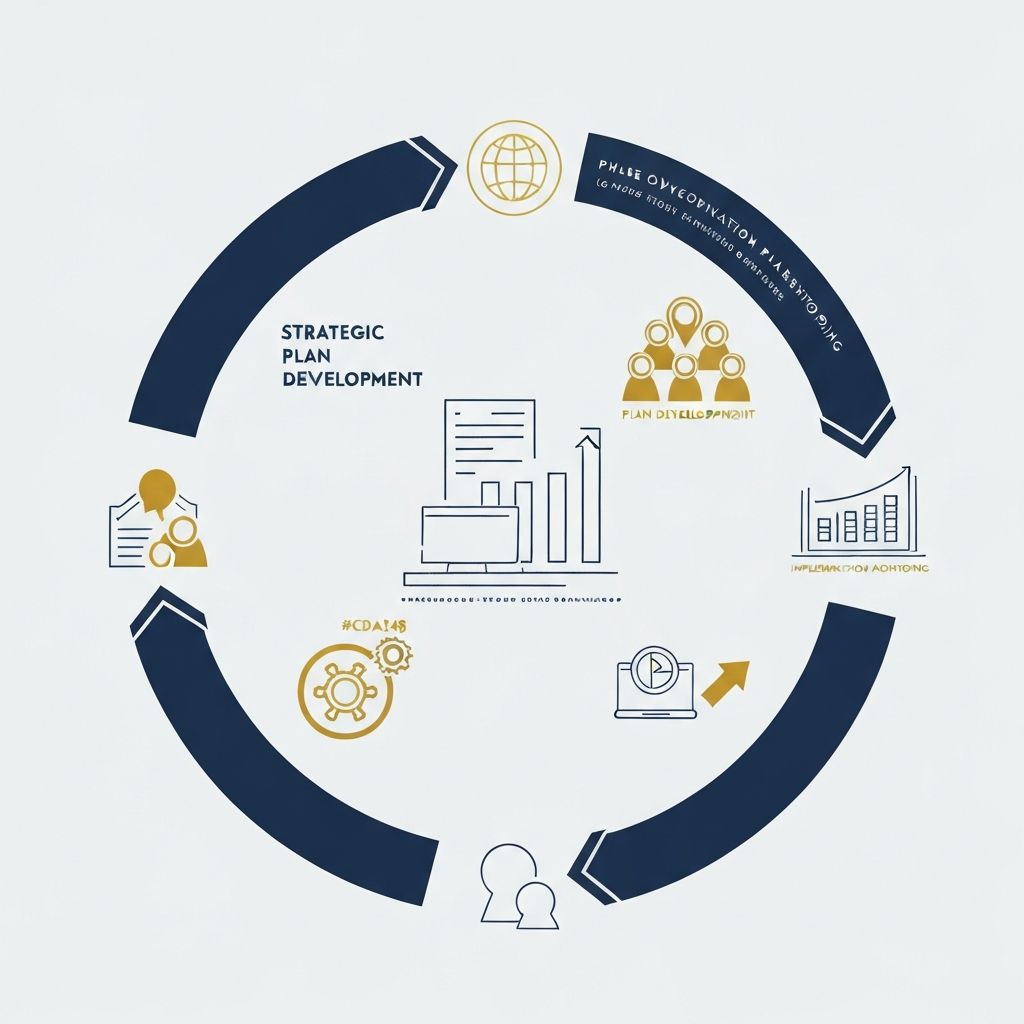 إطار عملية التخطيط الاستراتيجي: تحديد الرؤية، تحليل البيئة، تحديد الأهداف، بناء المبادرات، متابعة الأداء